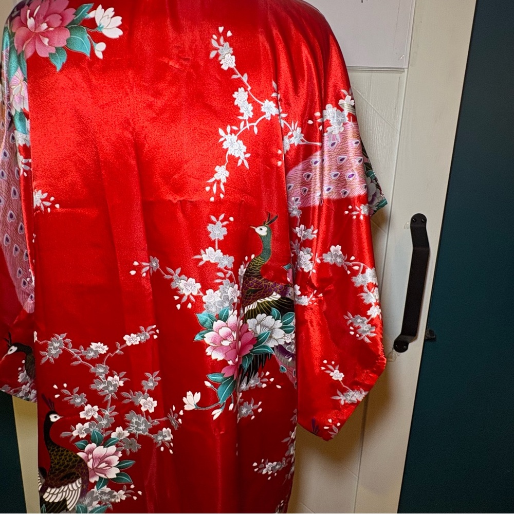 Cool Art Red Satin Kaftan Loungewear Peacock Floral Kimono Maxi Dress Boho Mumu - Picture 7 of 8